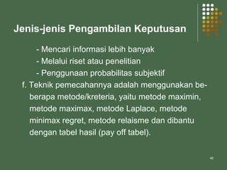 40
Jenis-jenis Pengambilan Keputusan
- Mencari informasi lebih banyak
- Melalui riset atau penelitian
- Penggunaan probabilitas subjektif
f. Teknik pemecahannya adalah menggunakan be-
berapa metode/kreteria, yaitu metode maximin,
metode maximax, metode Laplace, metode
minimax regret, metode relaisme dan dibantu
dengan tabel hasil (pay off tabel).
 