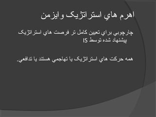 ‫وايزمن‬ ‫استراتژيک‬ ‫هاي‬ ‫اهرم‬
‫استراتژيک‬ ‫هاي‬ ‫فرصت‬ ‫تر‬ ‫کامل‬ ‫تعيين‬ ‫براي‬ ‫چارچوبي‬
‫توسط‬ ‫شده‬ ‫پيشنهاد‬IS
.‫تدافعي‬ ‫يا‬ ‫هستند‬ ‫تهاجمي‬ ‫يا‬ ‫استراتژيک‬ ‫هاي‬ ‫حرکت‬ ‫همه‬
 