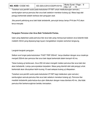 NO. KOD / CODE NO. EE-320-2:2012-C02/P(10/10)
Muka Surat / Page : 9
Drp / of : 15
Tukarkan suis pemilih sudut pada kedudukan 0º/180º untuk melakukanujian semula (
sambungkan semua pemutus litar arus baki sebelum menekan butang uji). Masa bagi alat
penguji berkendali adalah berbeza dari pengujian asal.
Jika peranti pelindung arus baki tidak terbelantik, penunjuk lampu lampu P-N dan P-E akan
terus menyala
Pengujian Pemutus Litar Arus Baki Terbelantik Pantas.
Ujian yang dijalankan pada pemutus litar arus baki yang mempunyai kadaran arus belantik tidak
melebihi 30mA yang dipasang bagi tujuan mengelakkan renjatan sentuhan langsung.
Langkah-langkah pengujian.
Setkan suis fungsi pada kedudukan “FAST TRIP 250mA”. Ianya disetkan dengan arus rosaknya
menjadi 250mA dan pemutus litar arus baki dapat berkendali dalam tempoh 40 ms.
Tekan butang uji berterusan. Arus 250 mA akan mengalir melalui pemutus litar arus baki dan
akan terbelantik. Lampu penunjukakan terpadam. Masa yang diambil oleh alat penguji untuk
berkendali akan ditunjukkan lebih kurang 10 saat selepas butang uji dilepaskan.
Tukarkan suis pemilih sudut pada kedudukan 0º/180º bagi melakukan ujian semula (
sambungkan semula pemutus litar arus baki sebelum menekan butang uji). Pemutus litar
mestilah terbelantik pada kedua-dua ujian dilakukan dengan masa diantara 40 ms. Jika tidak
pemutus litar berkemungkinan berlaku kerosakan.
 