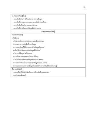 13 

 

รองรอยการเรียนรูอื่น ๆ
   - แบบบันทึกตาง ๆ ที่เกี่ยวกับการรวบรวมขอมูล
   - แบบบันทึกการตรวจสอบคุณภาพแหลงที่มาของขอมูล
   - แบบบันทึกเกี่ยวกับกระบวนการทํางาน
   - แบบบันทึกการวิเคราะหขอมูลดวยโปรแกรม
                                                   การวางแผนการเรียนรู
กิจกรรมการเรียนรู
 นักเรียนจะ
   1. ศึกษาเทคนิคการตรวจสอบความนาเชื่อของขอมูล
   2. ตรวจสอบความนาเชื่อถือของขอมูล
   3. รวบรวมขอมูลใหเปนระบบ เตรียมขอมูลวิเคราะห
   4. เลือกวิธีการที่เหมาะสมกับขอมูลที่วิเคราะห
   5. วิเคราะหขอมูลดวยโปรแกรม
   6. รวมกันตรวจสอบผลการวิเคราะหขอมูล
   7. วิพากษผลการวิเคราะหขอมูลจากการตรวจสอบ
   8. นําผลการวิพากษผลการวิเคราะหขอมูลมาปรับ / พัฒนา
   9. รวบรวมผลการวิเคราะหขอมูลเพื่อนําไปสังเคราะหสรุปเปนองคความรู
สื่อ / แหลงเรียนรู
   1. แหลงคนควาอางอิง เชน อินเทอรเน็ต หนังสือ บุคคล ฯลฯ
   2. เครื่องคอมพิวเตอร
 