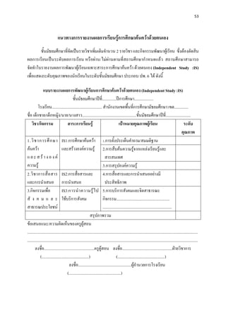 53 

 

                              แนวทางการรายงานผลการเรียนรูการศึกษาคนควาดวยตนเอง
        ชั้นมัธยมศึกษาที่จัดเปนรายวิชาเพิ่มเติมจํานวน 2 รายวิชา และกิจกรรมพัฒนาผูเรียน ซึ่งตองตัดสิน
ผลการเรียนเปนระดับผลการเรียน หรือผาน/ไมผานตามที่สถานศึกษากําหนดแลว สถานศึกษาสามารถ
จัดทําใบรายงานผลการพัฒนาผูเรียนเฉพาะสาระการศึกษาคนควา ดวยตนเอง (Independent Study :IS)
เพื่อแสดงระดับคุณภาพของนักเรียนในระดับชั้นมัธยมศึกษา ประกอบ ปพ. 6 ได ดังนี้

                แบบรายงานผลการพัฒนาผูเรียนการศึกษาคนควาดวยตนเอง (Independent Study :IS)
                                             ชั้นมัธยมศึกษาปที่..............ปการศึกษา...................
          โรงเรียน.................................................. สํานักงานเขตพืนที่การศึกษามัธยมศึกษา เขต..............
                                                                                                    ้
ชื่อ เด็กชาย/เด็กหญิง/นาย/นางสาว......................................................ชั้นมัธยมศึกษาปที่.........................
    วิชา/กิจกรรม                        สาระการเรียนรู                                    เปาหมายคุณภาพผูเรียน                                           ระดับ
                                                                                                                                                          คุณภาพ
1.วิ ช าการศึ ก ษา IS1:การศึกษาคนควา 1.การตั้งประเด็นคําถาม/สมมติฐาน
คนควา                           และสรางองคความรู 2.การสืบคนความรูจากแหลงเรียนรูและ
แ ล ะ ส ร า ง อ ง ค                                                        สารสนเทศ
ความรู                                                                    3.การสรุปองคความรู
2.วิ ช าการสื่ อ สาร IS2:การสื่อสารและ                                     4.การสื่อสารและการนําเสนออยางมี
และการนําเสนอ การนําเสนอ                                                     ประสิทธิภาพ
3.กิจกรรมเพื่อ                    IS3:การนํ า ความรู ไ ป 5.การบริการสังคมและจิตสาธารณะ
สั ง ค ม แ ล ะ ใชบริการสังคม                                              กิจกรรม.....................................................
สาธารณประโยชน                                                             .....................................................................
                                                              สรุปภาพรวม
ขอเสนอแนะ/ความคิดเห็นของครูผูสอน
..........................................................................................................................................................................
..........................................................................................................................................................................
        ลงชื่อ..................................................ครูผูสอน ลงชื่อ..................................................ฝายวิชาการ
             (...............................................)                           (...............................................)
                                          ลงชื่อ.....................................................ผูอํานวยการโรงเรียน
                                        (....................................................)
 