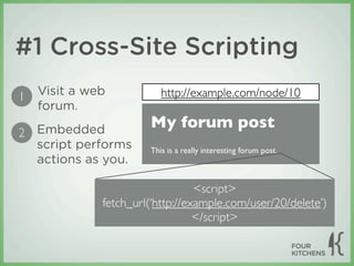 #1 Cross-Site Scripting
1   Visit a web           http://example.com/node/10
    forum.
                       My forum post
2 Embedded
  script performs      This is a really interesting forum post.
  actions as you.

                                  <script>
              fetch_url(‘http://example.com/user/20/delete’)
                                  </script>
 
