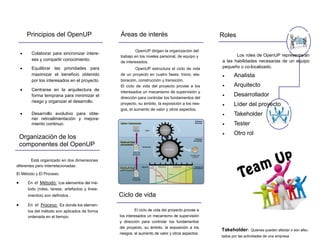 Principios del OpenUP                      Áreas de interés                                 Roles

                                                            OpenUP dirigen la organización del
         Colaborar para sincronizar intere-                                                               Los roles de OpenUP representaran
                                                   trabajo en los niveles personal, de equipo y
          ses y compartir conocimiento.                                                             a las habilidades necesarias de un equipo
                                                   de interesados.
         Equilibrar las prioridades para                   OpenUP estructura el ciclo de vida      pequeño o co-localizado.
          maximizar el beneficio obtenido          de un proyecto en cuatro fases: Inicio, ela-           Analista
          por los interesados en el proyecto       boración, construcción y transición.
                                                   El ciclo de vida del proyecto provee a los             Arquitecto
         Centrarse en la arquitectura de          interesados un mecanismo de supervisión y
          forma temprana para minimizar el         dirección para controlar los fundamentos del
                                                                                                          Desarrollador
          riesgo y organizar el desarrollo.        proyecto, su ámbito, la exposición a los ries-         Líder del proyecto
                                                   gos, el aumento de valor y otros aspectos.
         Desarrollo evolutivo para obte-                                                                 Takeholder
          ner retroalimentación y mejora-
          miento continuo.                                                                                Tester
                                                                                                          Otro rol
    Organización de los
    componentes del OpenUP

         Está organizado en dos dimensiones
diferentes pero interrelacionadas:
El Método y El Proceso.

       En el Método: Los elementos del mé-
        todo (roles, tareas, artefactos y linea-
        mientos) son definidos   .                 Ciclo de vida
       En el Proceso: Es donde los elemen-
        tos del método son aplicados de forma              El ciclo de vida del proyecto provee a
        ordenada en el tiempo.                     los interesados un mecanismo de supervisión
                                                   y dirección para controlar los fundamentos
                                                   del proyecto, su ámbito, la exposición a los
                                                                                                    Takeholder:      Quienes pueden afectar o son afec-
                                                   riesgos, el aumento de valor y otros aspectos.
                                                                                                    tados por las actividades de una empresa
 