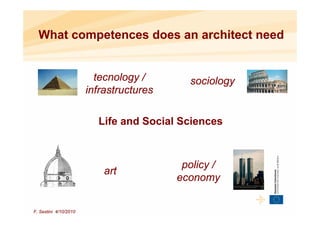 What competences does an architect need


                         tecnology /       sociology
                       infrastructures

                         Life and Social Sciences



                                          policy /
                           art
                                         economy


F. Sestini 4/10/2010
 