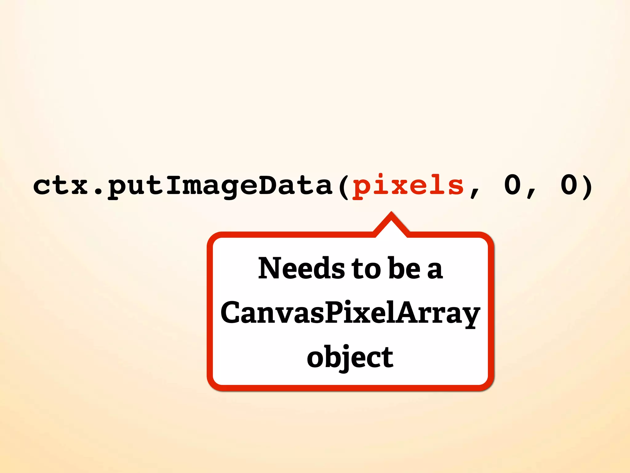 ctx.putImageData(pixels, 0, 0)

           Needs to be a
         CanvasPixelArray
              object
 