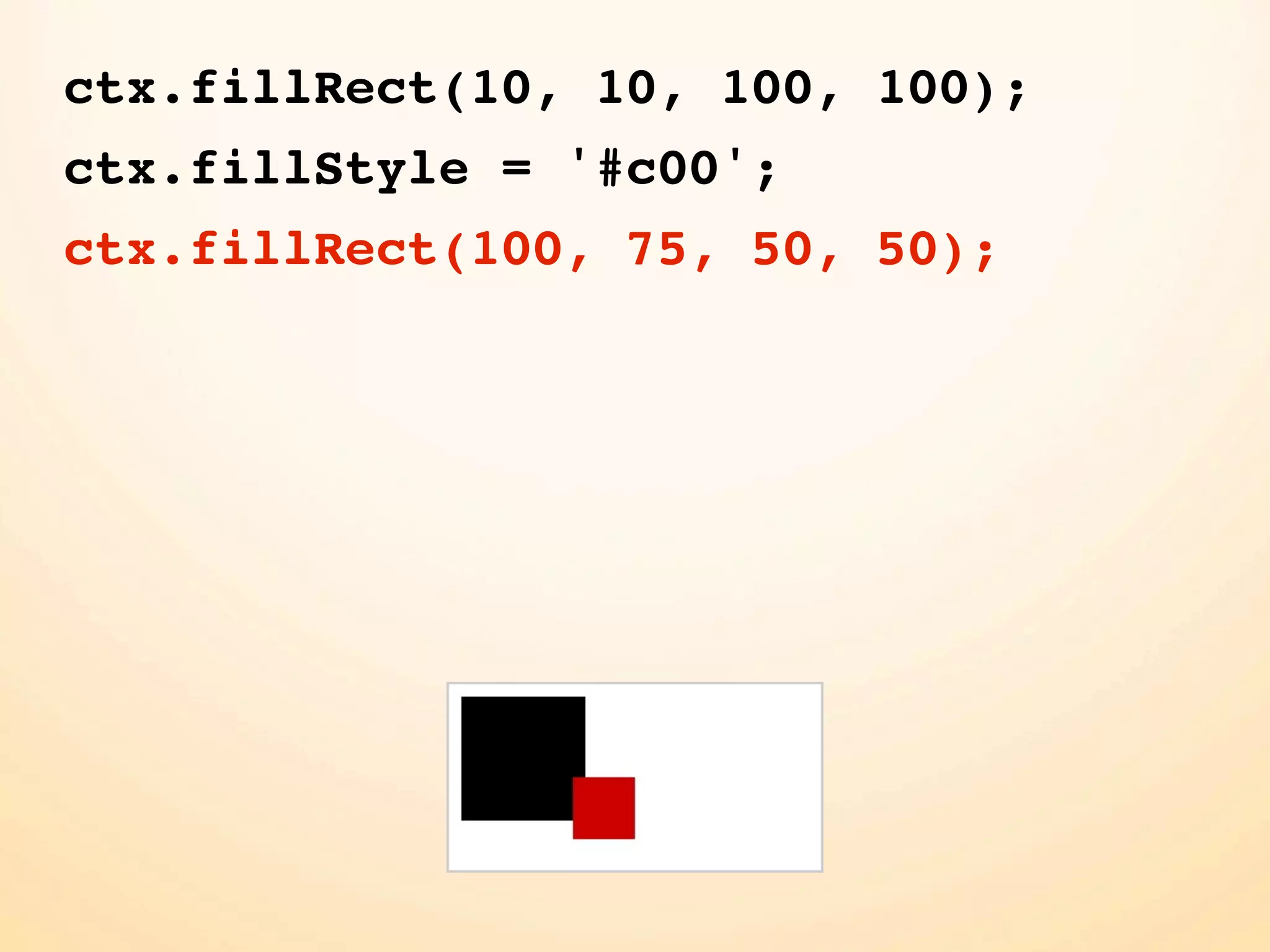 ctx.fillRect(10, 10, 100, 100);
ctx.fillStyle = '#c00';
ctx.fillRect(100, 75, 50, 50);
 