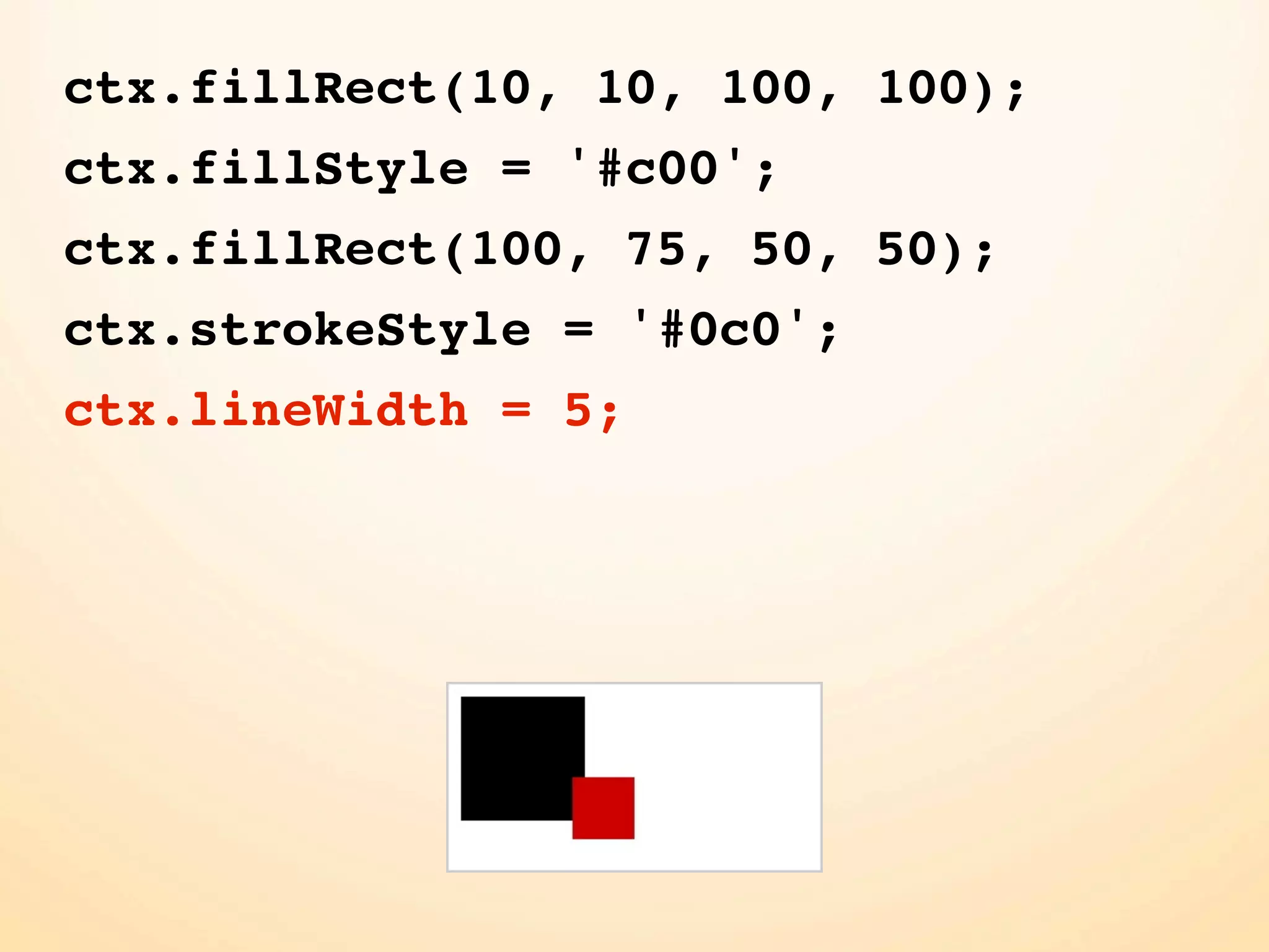 ctx.fillRect(10, 10, 100, 100);
ctx.fillStyle = '#c00';
ctx.fillRect(100, 75, 50, 50);
ctx.strokeStyle = '#0c0';
ctx.lineWidth = 5;
 