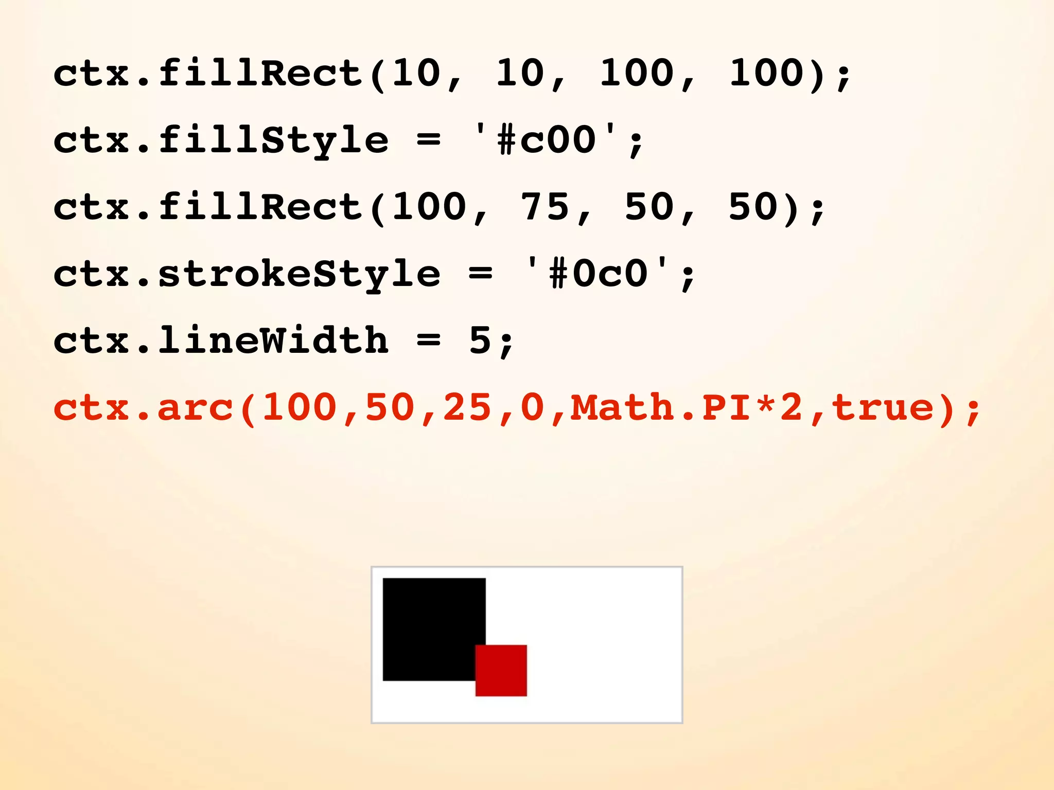 ctx.fillRect(10, 10, 100, 100);
ctx.fillStyle = '#c00';
ctx.fillRect(100, 75, 50, 50);
ctx.strokeStyle = '#0c0';
ctx.lineWidth = 5;
ctx.arc(100,50,25,0,Math.PI*2,true);
 