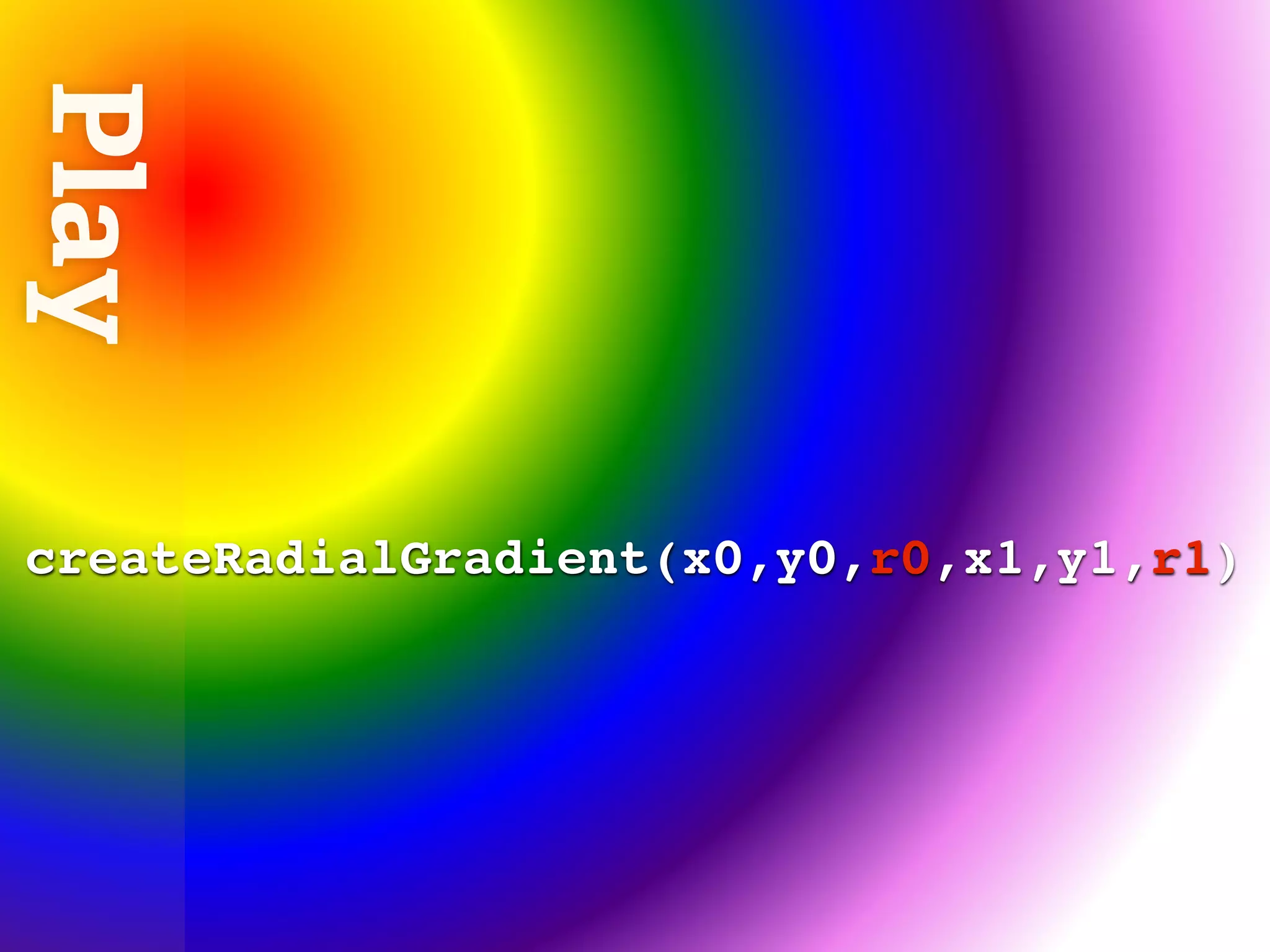 Play



createRadialGradient(x0,y0,r0,x1,y1,r1)
 