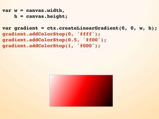 var w = canvas.width,
    h = canvas.height;

var gradient = ctx.createLinearGradient(0, 0, w, h);
gradient.addColorStop(0, '#fff');
gradient.addColorStop(0.5, '#f00');
gradient.addColorStop(1, '#000');
 