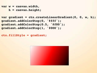 var w = canvas.width,
    h = canvas.height;

var gradient = ctx.createLinearGradient(0, 0, w, h);
gradient.addColorStop(0, '#fff');
gradient.addColorStop(0.5, '#f00');
gradient.addColorStop(1, '#000');

ctx.fillStyle = gradient;
 