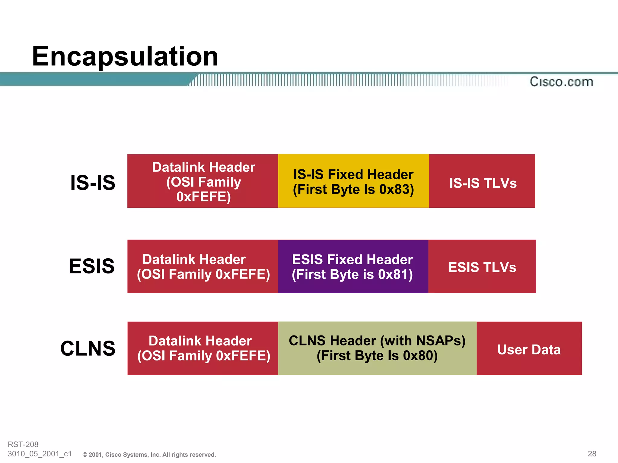 Encapsulation


                                          Datalink Header
                                                                     IS-IS Fixed Header
              IS-IS                         (OSI Family
                                                                     (First Byte Is 0x83)   IS-IS TLVs
                                              0xFEFE)



                                      Datalink Header                ESIS Fixed Header
              ESIS                   (OSI Family 0xFEFE)             (First Byte is 0x81)
                                                                                            ESIS TLVs




                                       Datalink Header               CLNS Header (with NSAPs)
            CLNS                     (OSI Family 0xFEFE)                (First Byte Is 0x80)       User Data




RST-208
3010_05_2001_c1   © 2001, Cisco Systems, Inc. All rights reserved.                                             28
 