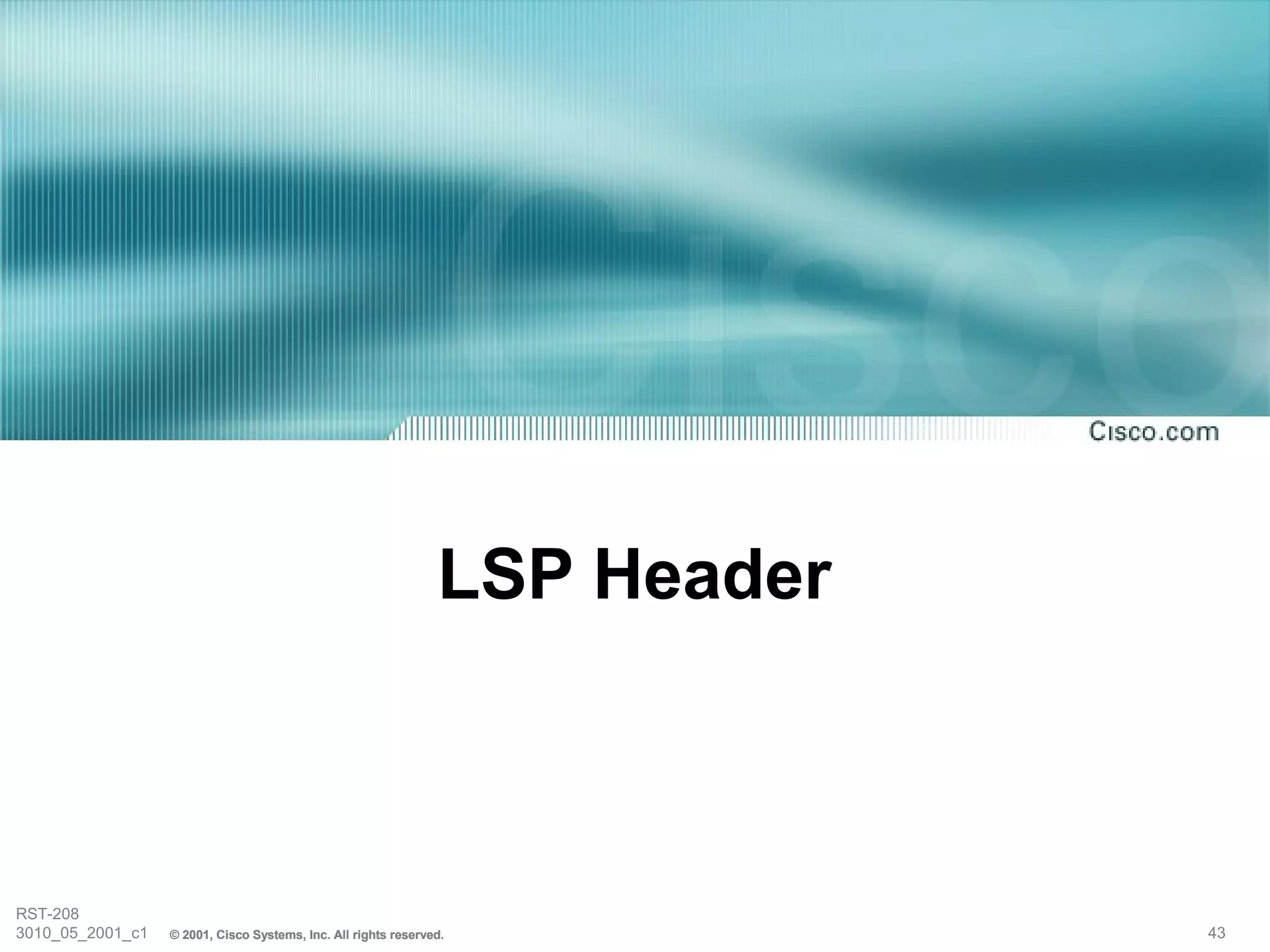 LSP Header



RST-208
3010_05_2001_c1   © 2001, Cisco Systems, Inc. All rights reserved.           43
 