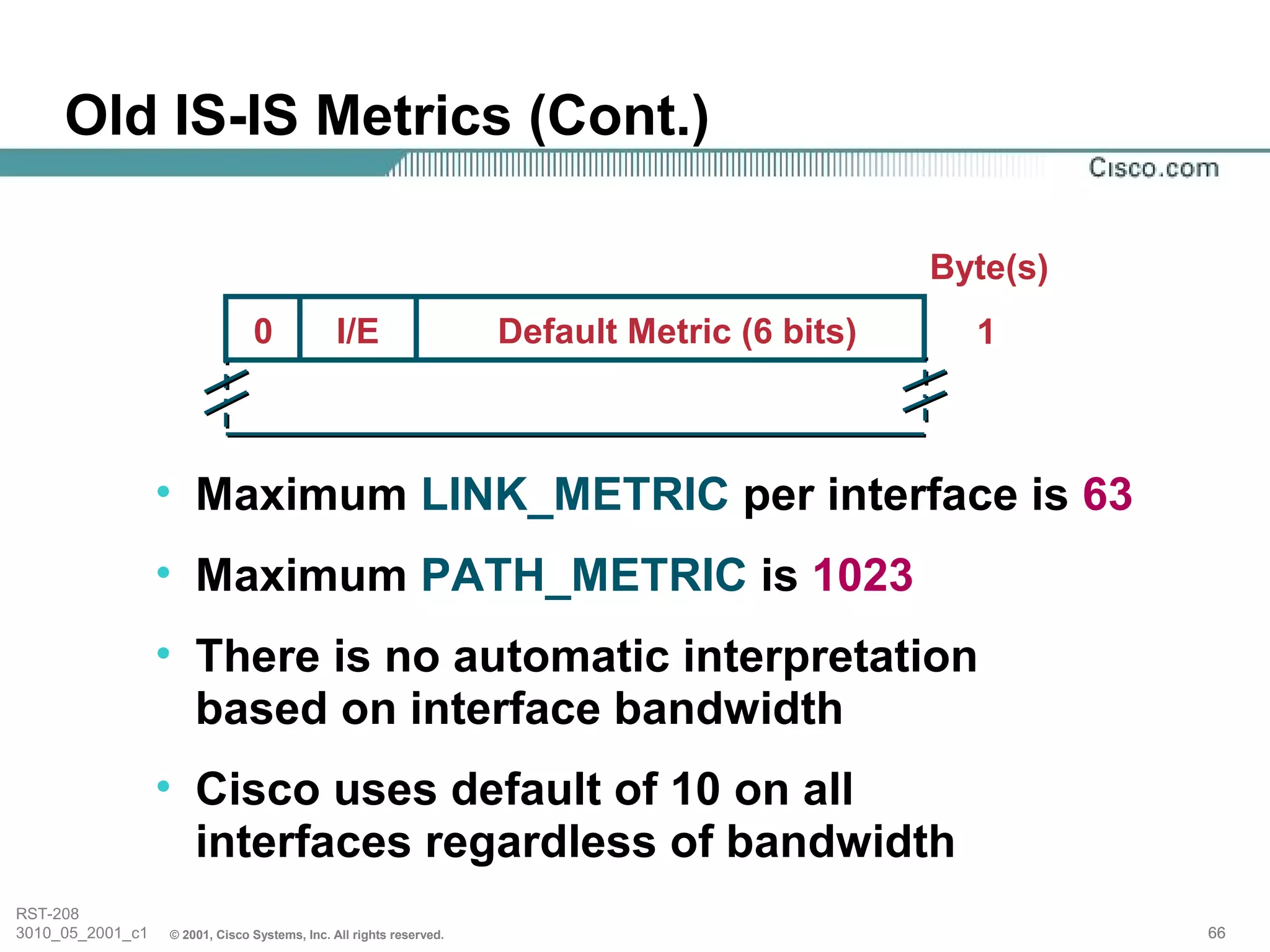 Old IS-IS Metrics (Cont.)

                                                                                               Byte(s)
                                0              I/E                   Default Metric (6 bits)     1



                  • Maximum LINK_METRIC per interface is 63
                  • Maximum PATH_METRIC is 1023
                  • There is no automatic interpretation
                    based on interface bandwidth
                  • Cisco uses default of 10 on all
                    interfaces regardless of bandwidth
RST-208
3010_05_2001_c1   © 2001, Cisco Systems, Inc. All rights reserved.                                       66
 