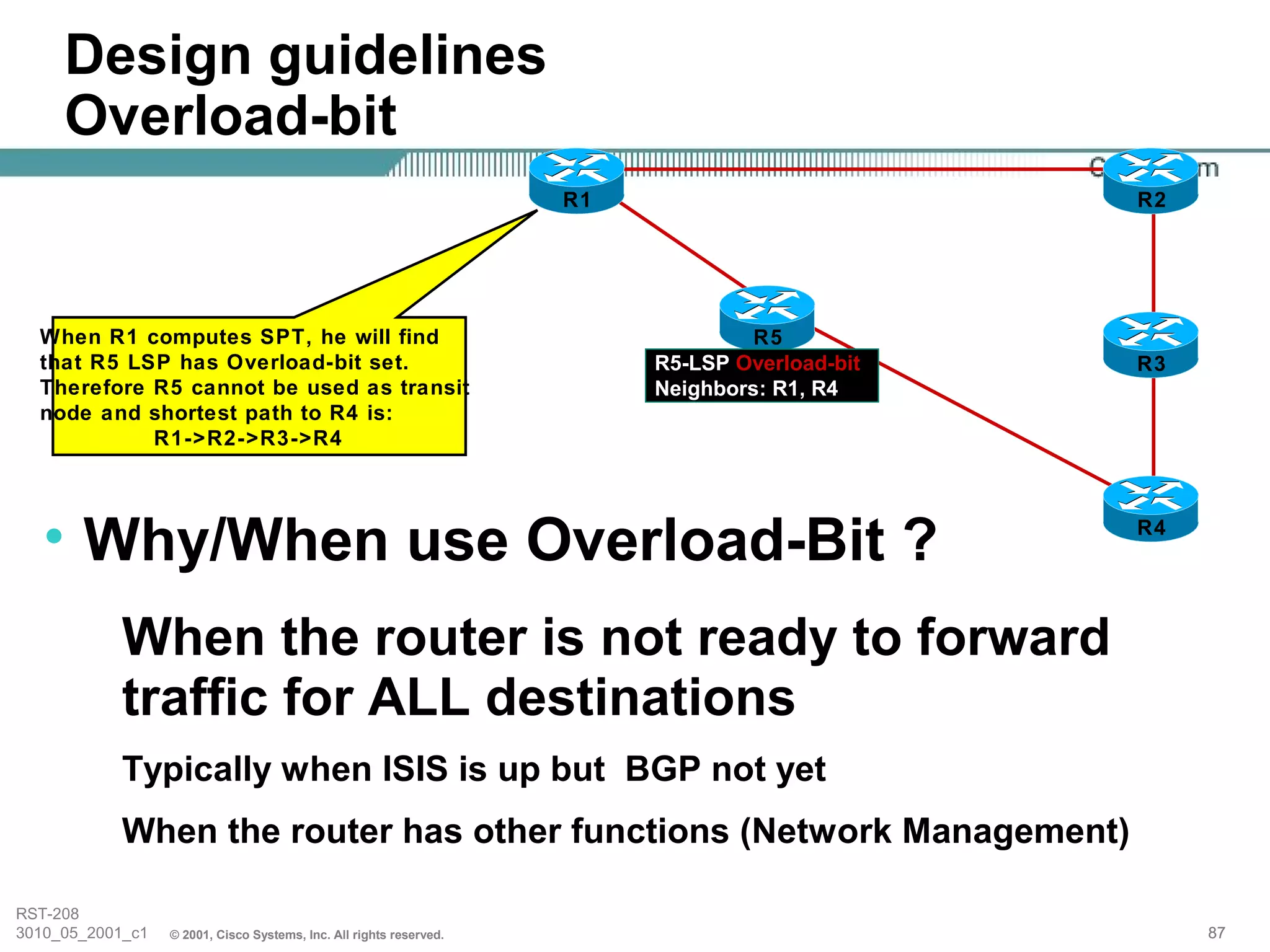 Design guidelines
     Overload-bit
                                                                     R1                         R2




  When R1 computes SPT, he will find                                               R5
  that R5 LSP has Overload-bit set.                                       R5-LSP Overload-bit   R3
  Therefore R5 cannot be used as transit                                  Neighbors: R1, R4
  node and shortest path to R4 is:
            R1->R2->R3->R4




   • Why/When use Overload-Bit ?                                                                R4




            When the router is not ready to forward
            traffic for ALL destinations
            Typically when ISIS is up but BGP not yet
            When the router has other functions (Network Management)

RST-208
3010_05_2001_c1   © 2001, Cisco Systems, Inc. All rights reserved.                                   87
 