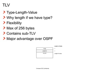 TLV Type-Length-Value Why length if we have type? Flexibility Max of 256 bytes Contains sub-TLV Major advantage over OSPF Compass-EOS Confidential Length in Octets 1 1 Length of value TYPE LENGTH VALUE . . . 
