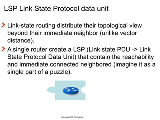 LSP Link State Protocol data unit Link-state routing distribute their topological view beyond their immediate neighbor (unlike vector distance). A single router create a LSP (Link state PDU -> Link State Protocol Data Unit) that contain the reachability and immediate connected neighbored (imagine it as a single part of a puzzle). Compass-EOS Confidential 