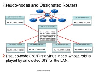 Pseudo-nodes and Designated Routers Pseudo-node (PSN) is a virtual node, whose role is played by an elected DIS for the LAN. Compass-EOS Confidential LSP 1111.1111.1111.01-00 LSP 5555.5555.5555.00-00 LSP 6666.6666.6666.00-00 LSP 3333.3333.3333.00-00 LSP 4444.4444.4444.00-00 Nbr 1111.1111.1111.00-00 Nbr 2222.2222.2222.00-00 Nbr 3333.3333.3333.00-00 Nbr 4444.4444.444.00-00 Nbr 5555.5555.5555.00-00 Nbr 6666.6666.6666.00-00 Nbr 1111.1111.1111.01-00 Nbr 1111.1111.1111.01-00 Nbr 1111.1111.1111.01-00 Nbr 1111.1111.1111.01-00 LSP 1111.1111.1111.00-00 Nbr 1111.1111.1111.01-00 LSP 2222.2222.2222.00-00 Nbr 1111.1111.1111.01-00 