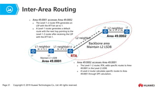 Page 21 Copyright © 2019 Huawei Technologies Co., Ltd. All rights reserved.
L1 L1
Maintain L1 LSDB
L1/2
L1 neighbor
Area 49.0001
L1 neighbor
Backbone area
Maintain L2 LSDB
L2
Area 49.0002
L2 neighbor
L2 neighbor
L2
⚫ Area 49.0001 accesses Area 49.0002
 The Level-1-2 router RTA generates an
LSP with the ATT bit set to 1.
 A Level-1 router generates a default
route with the next hop pointing to the
Level-1-2 router after receiving the LSP
with the ATT bit 1.
⚫ Area 49.0002 accesses Area 49.0001
 The Level-1-2 router, RTA, adds specific routes to Area
49.0001 in the Level-2 LSDB.
 A Level-2 router calculates specific routes to Area
49.0001 through SPF calculation.
RTA
Inter-Area Routing
 