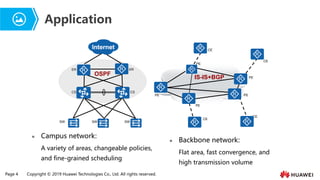Page 4 Copyright © 2019 Huawei Technologies Co., Ltd. All rights reserved.
⚫ Backbone network:
Flat area, fast convergence, and
high transmission volume
⚫ Campus network:
A variety of areas, changeable policies,
and fine-grained scheduling
Application
ER
CS
SW
ER
CS
SW SW
OSPF
CE
PE
CE
PE
PE
PE
PE
CE
CE
IS-IS+BGP
 