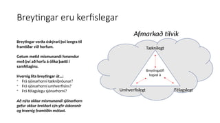 Breytingar eru kerfislegar
Afmarkað tilvik
Breytingar verða óskýrari því lengra til
framtíðar við horfum.
Getum metið mismunandi forsendur
með því að horfa á ólíka þætti í
samfélaginu.
Hvernig líta breytingar út…:
- Frá sjónarhorni tækniþróunar?
- Frá sjónarhorni umhverfisins?
- Frá félagslegu sjónarhorni?
Að nýta okkur mismunandi sjónarhorn
gefur okkur breiðari sýn yfir áskoranir
og hvernig framtíðin mótast.
Tæknilegt
Félagslegt
Umhverfislegt
Breytingaöfl
togast á
 
