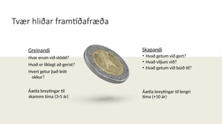 Tvær hliðar framtíðafræða
Greinandi
Hvar erum við stödd?
Hvað er líklegt að gerist?
Hvert getur það leitt
okkur?
Áætla breytingar til
skamms tíma (3-5 ár)
Skapandi
• Hvað getum við gert?
• Hvað viljum við?
• Hvað getum við búið til?
Áætla breytingar til lengri
tíma (+10 ár)
 