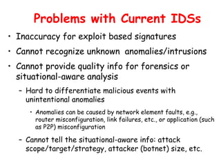 Problems with Current IDSs
• Inaccuracy for exploit based signatures
• Cannot recognize unknown anomalies/intrusions
• Cannot provide quality info for forensics or
situational-aware analysis
– Hard to differentiate malicious events with
unintentional anomalies
• Anomalies can be caused by network element faults, e.g.,
router misconfiguration, link failures, etc., or application (such
as P2P) misconfiguration
– Cannot tell the situational-aware info: attack
scope/target/strategy, attacker (botnet) size, etc.
 