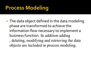 

The data object defined in the data modeling
phase are transformed to achieve the
information flow necessary to implement a
business function. In addition adding
, deleting, modifying and retrieving the data
objects are included in process modeling.

 