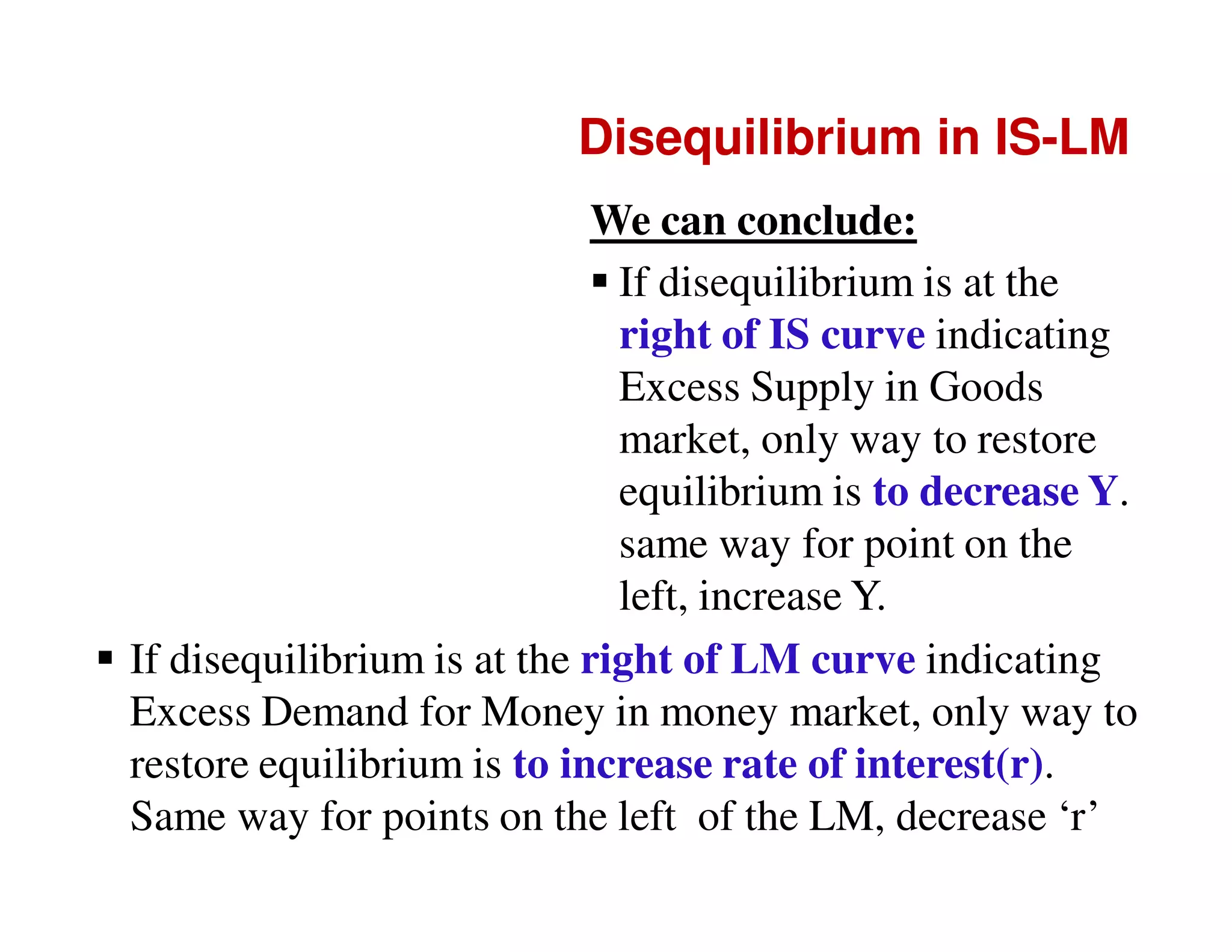 Disequilibrium in IS-LM
We can conclude:
If disequilibrium is at the
right of IS curve indicating
Excess Supply in Goods
market, only way to restore
equilibrium is to decrease Y.
same way for point on the
left, increase Y.
If disequilibrium is at the right of LM curve indicating
Excess Demand for Money in money market, only way to
restore equilibrium is to increase rate of interest(r).
Same way for points on the left of the LM, decrease ‘r’

 