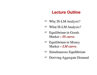 Lecture Outline
Why IS-LM Analysis?
What IS-LM Analysis?
Equilibrium in Goods
Market – IS curve.
Equilibrium in Money
Market – LM curve.
Simultaneous Equilibrium
Deriving Aggregate Demand

 