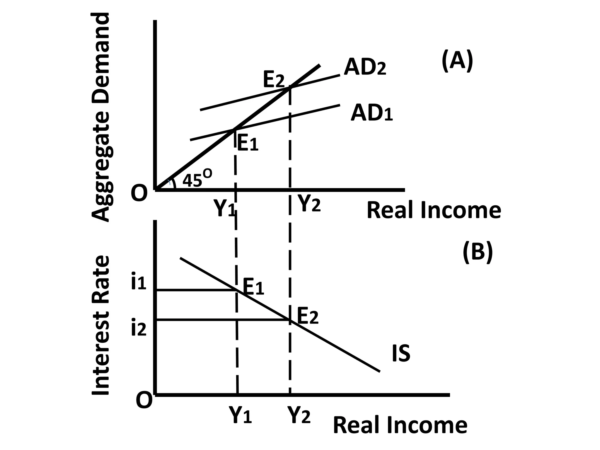 AD2
AD1
E1
E2
45O
Y1 Y2
IS
E1
E2
i2
i1
Y1 Y2
O
O
Real Income
Real Income
Aggregate
Demand
Aggregate
Demand
Interest
Rate
(A)
(B)
 