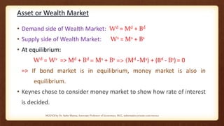 Asset or Wealth Market
• Demand side of Wealth Market: Wd = Md + Bd
• Supply side of Wealth Market: Ws = Ms + Bs
• At equilibrium:
Wd = Ws => Md + Bd = Ms + Bs => (Md -Ms) + (Bd - Bs) = 0
=> If bond market is in equilibrium, money market is also in
equilibrium.
• Keynes chose to consider money market to show how rate of interest
is decided.
MOOCS by Dr. Subir Maitra, Associate Professor of Economics, HCC, subirmaitra.wixsite.com/moocs
 