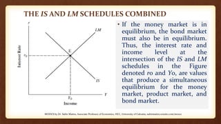 THE IS AND LM SCHEDULES COMBINED
• If the money market is in
equilibrium, the bond market
must also be in equilibrium.
Thus, the interest rate and
income level at the
intersection of the IS and LM
schedules in the Figure
denoted r0 and Y0, are values
that produce a simultaneous
equilibrium for the money
market, product market, and
bond market.
MOOCS by Dr. Subir Maitra, Associate Professor of Economics, HCC, University of Calcutta, subirmaitra.wixsite.com/moocs
 