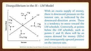 Disequilibrium in the IS – LM Model
With an excess supply of money,
there is downward pressure on the
interest rate, as indicated by the
downward-direction arrow. There
is a tendency to move toward the
LM schedule. Conversely, at points
below the LM schedule, such as
points C and D, there will be an
excess demand for money (XDM)
and consequently upward pressure
on the interest rate.
MOOCS by Dr. Subir Maitra, Associate Professor of Economics, HCC, University of Calcutta, subirmaitra.wixsite.com/moocs
 