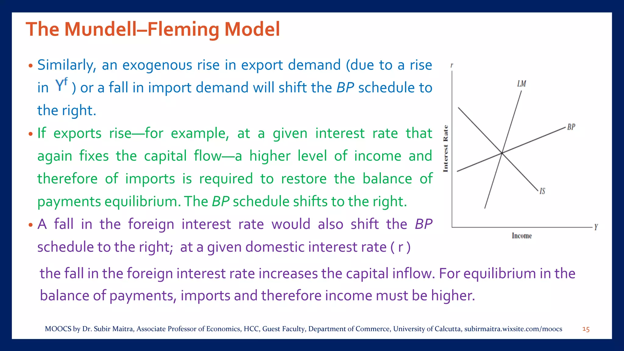 The Mundell–Fleming Model
• Similarly, an exogenous rise in export demand (due to a rise
in ) or a fall in import demand will shift the BP schedule to
the right.
• If exports rise—for example, at a given interest rate that
again fixes the capital flow—a higher level of income and
therefore of imports is required to restore the balance of
payments equilibrium.The BP schedule shifts to the right.
• A fall in the foreign interest rate would also shift the BP
schedule to the right; at a given domestic interest rate ( r )
the fall in the foreign interest rate increases the capital inflow. For equilibrium in the
balance of payments, imports and therefore income must be higher.
15MOOCS by Dr. Subir Maitra, Associate Professor of Economics, HCC, Guest Faculty, Department of Commerce, University of Calcutta, subirmaitra.wixsite.com/moocs
 