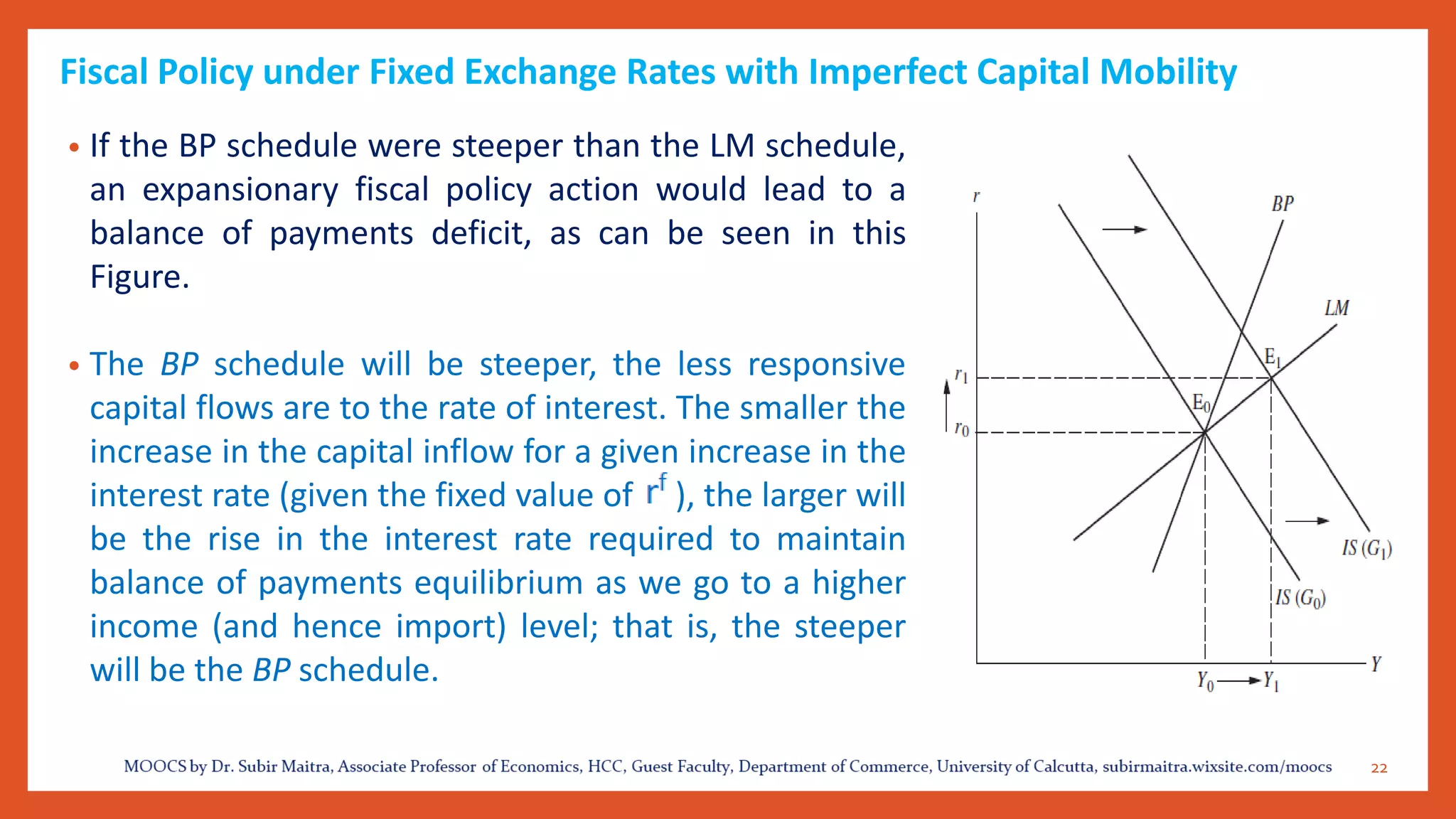 Fiscal Policy under Fixed Exchange Rates with Imperfect Capital Mobility
• If the BP schedule were steeper than the LM schedule,
an expansionary fiscal policy action would lead to a
balance of payments deficit, as can be seen in this
Figure.
• The BP schedule will be steeper, the less responsive
capital flows are to the rate of interest. The smaller the
increase in the capital inflow for a given increase in the
interest rate (given the fixed value of ), the larger will
be the rise in the interest rate required to maintain
balance of payments equilibrium as we go to a higher
income (and hence import) level; that is, the steeper
will be the BP schedule.
22
 