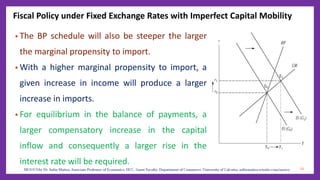 Fiscal Policy under Fixed Exchange Rates with Imperfect Capital Mobility
• The BP schedule will also be steeper the larger
the marginal propensity to import.
• With a higher marginal propensity to import, a
given increase in income will produce a larger
increase in imports.
• For equilibrium in the balance of payments, a
larger compensatory increase in the capital
inflow and consequently a larger rise in the
interest rate will be required.
23
 