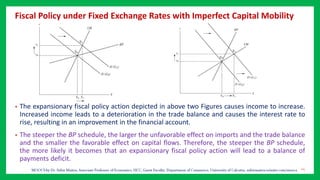 Fiscal Policy under Fixed Exchange Rates with Imperfect Capital Mobility
• The expansionary fiscal policy action depicted in above two Figures causes income to increase.
Increased income leads to a deterioration in the trade balance and causes the interest rate to
rise, resulting in an improvement in the financial account.
• The steeper the BP schedule, the larger the unfavorable effect on imports and the trade balance
and the smaller the favorable effect on capital flows. Therefore, the steeper the BP schedule,
the more likely it becomes that an expansionary fiscal policy action will lead to a balance of
payments deficit.
24
 