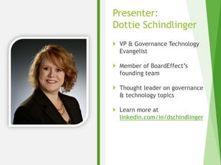 Presenter:
Dottie Schindlinger
4
 VP & Governance Technology
Evangelist
 Member of BoardEffect’s
founding team
 Thought...