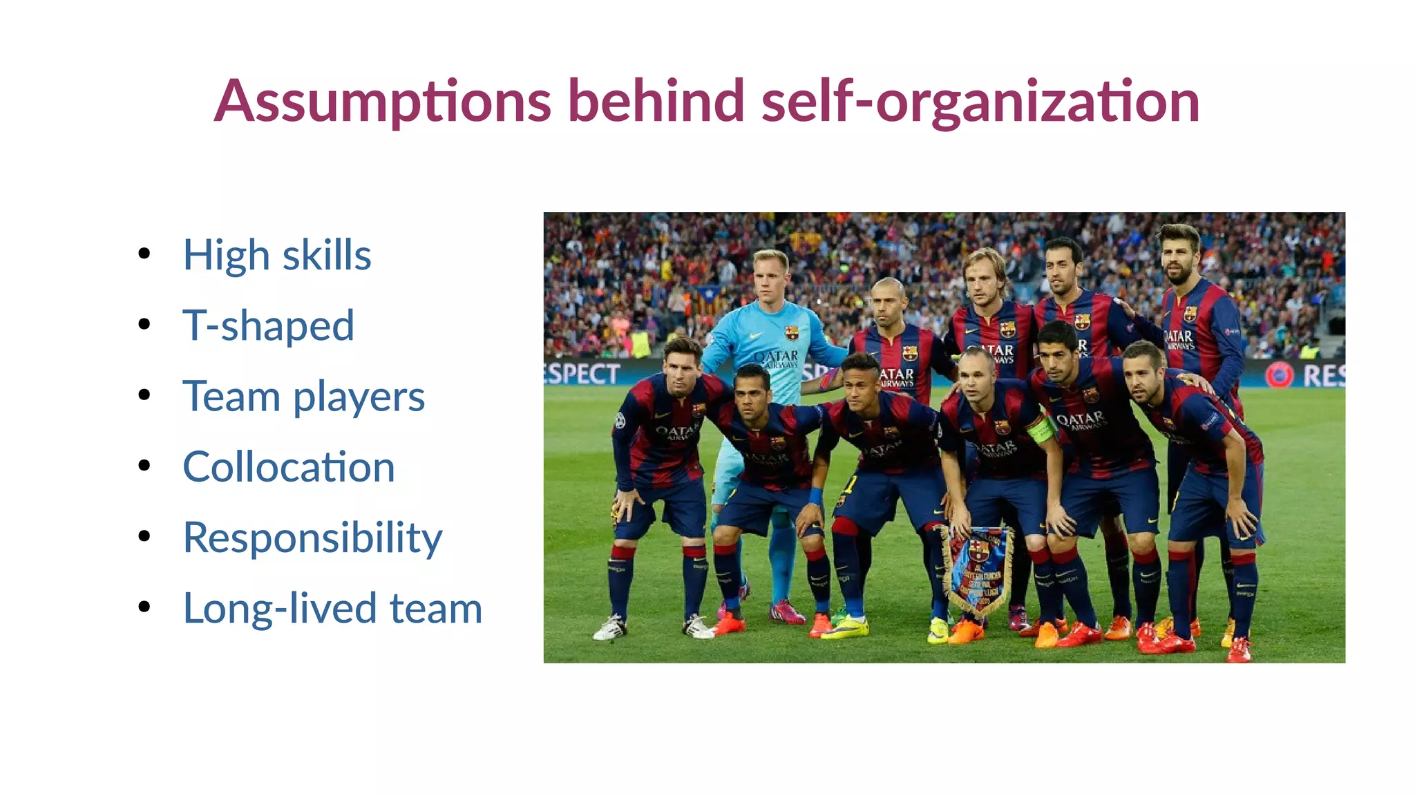 Assumptions behind self-organization
●
High skills
●
T-shaped
●
Team players
●
Collocation
●
Responsibility
●
Long-lived team
 