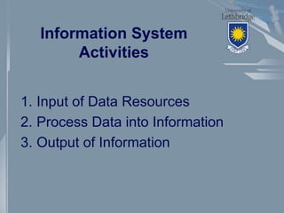 Information System
Activities
1. Input of Data Resources
2. Process Data into Information
3. Output of Information
 