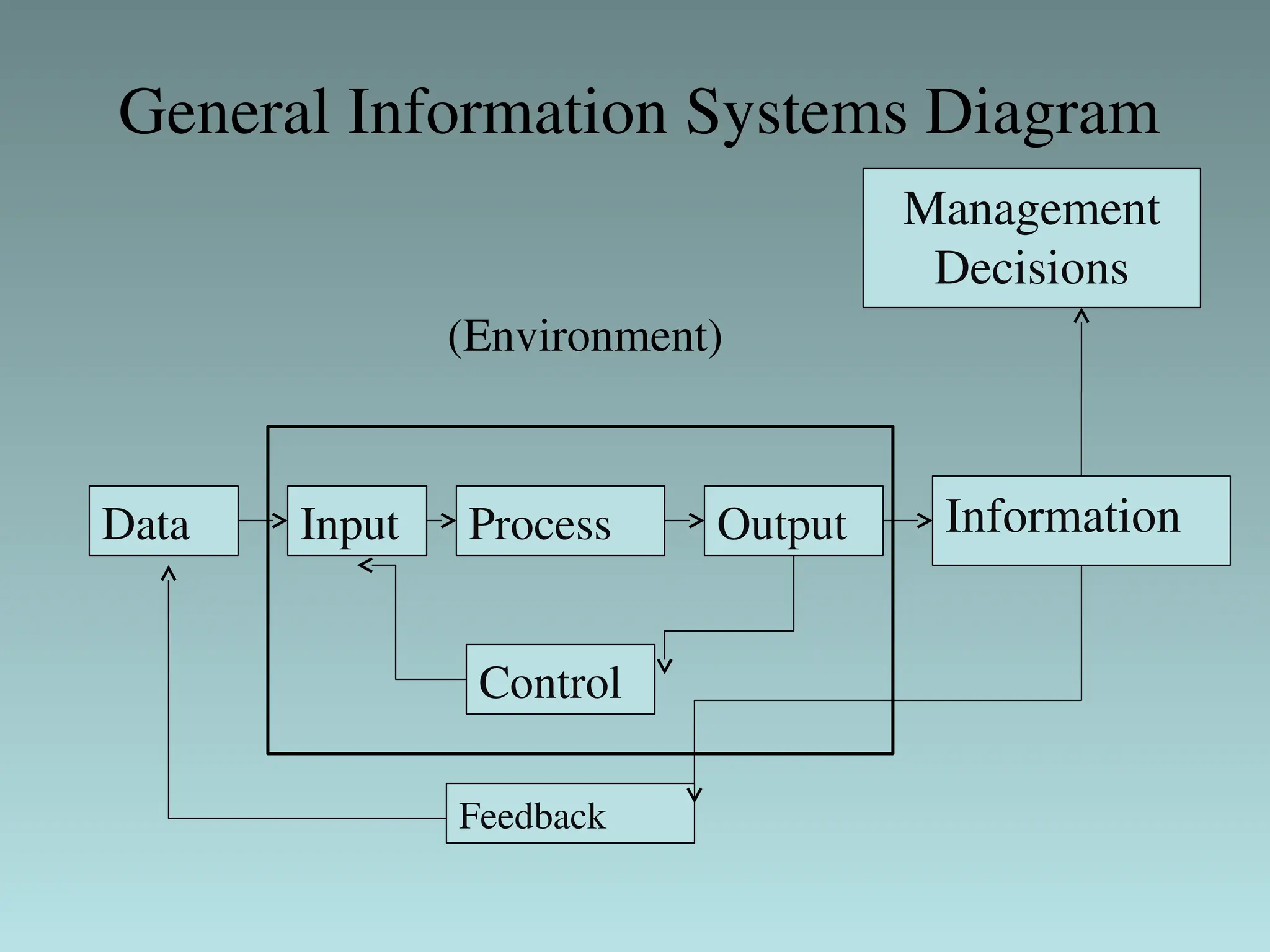 Data Input
Feedback
Control
Information
Management
Decisions
Output
Process
(Environment)
General Information Systems Diagram
 
