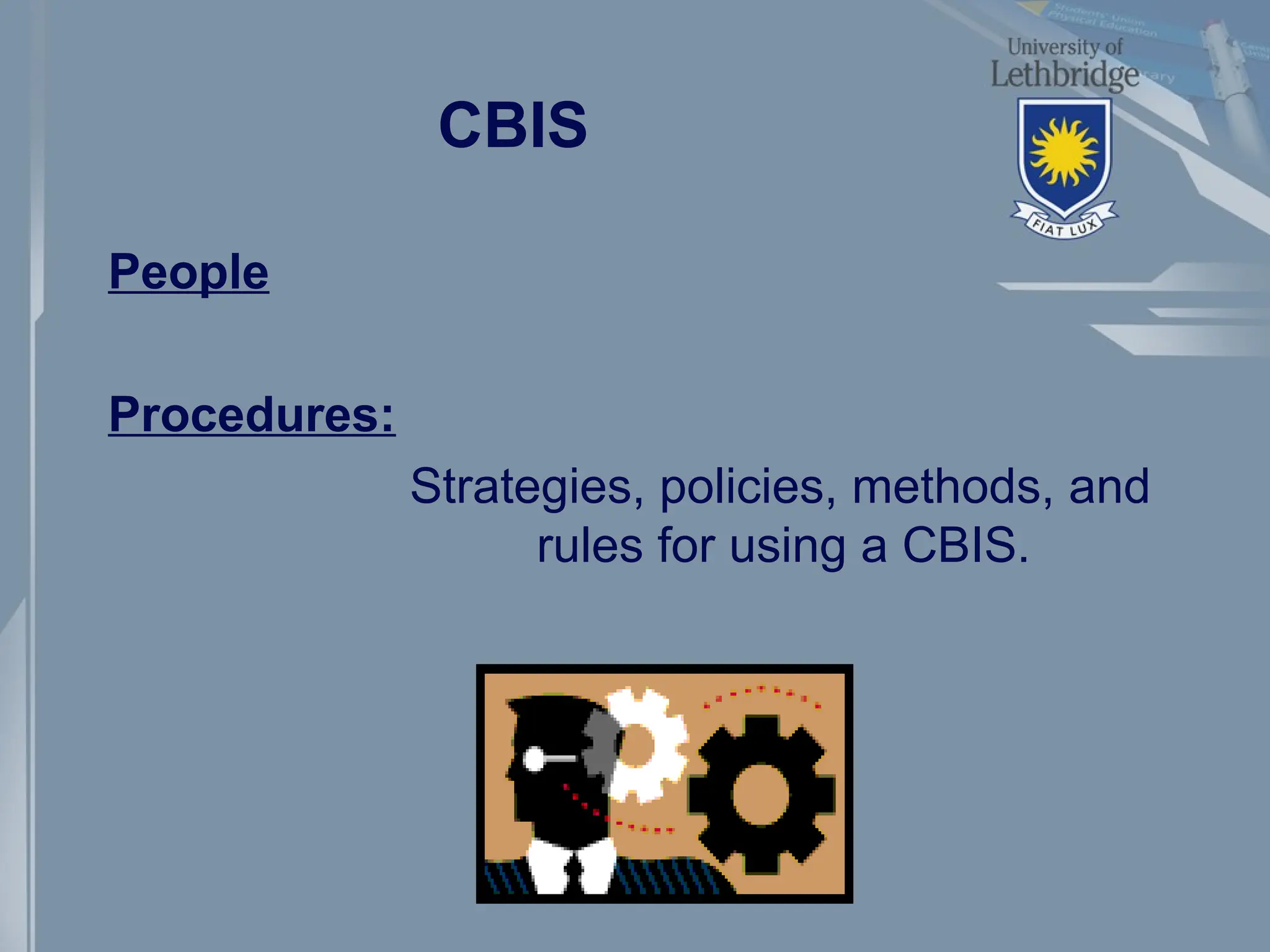 CBIS
People
Procedures:
Strategies, policies, methods, and
rules for using a CBIS.
 