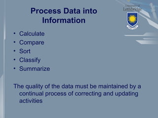 Process Data into
Information
• Calculate
• Compare
• Sort
• Classify
• Summarize
The quality of the data must be maintained by a
continual process of correcting and updating
activities
 