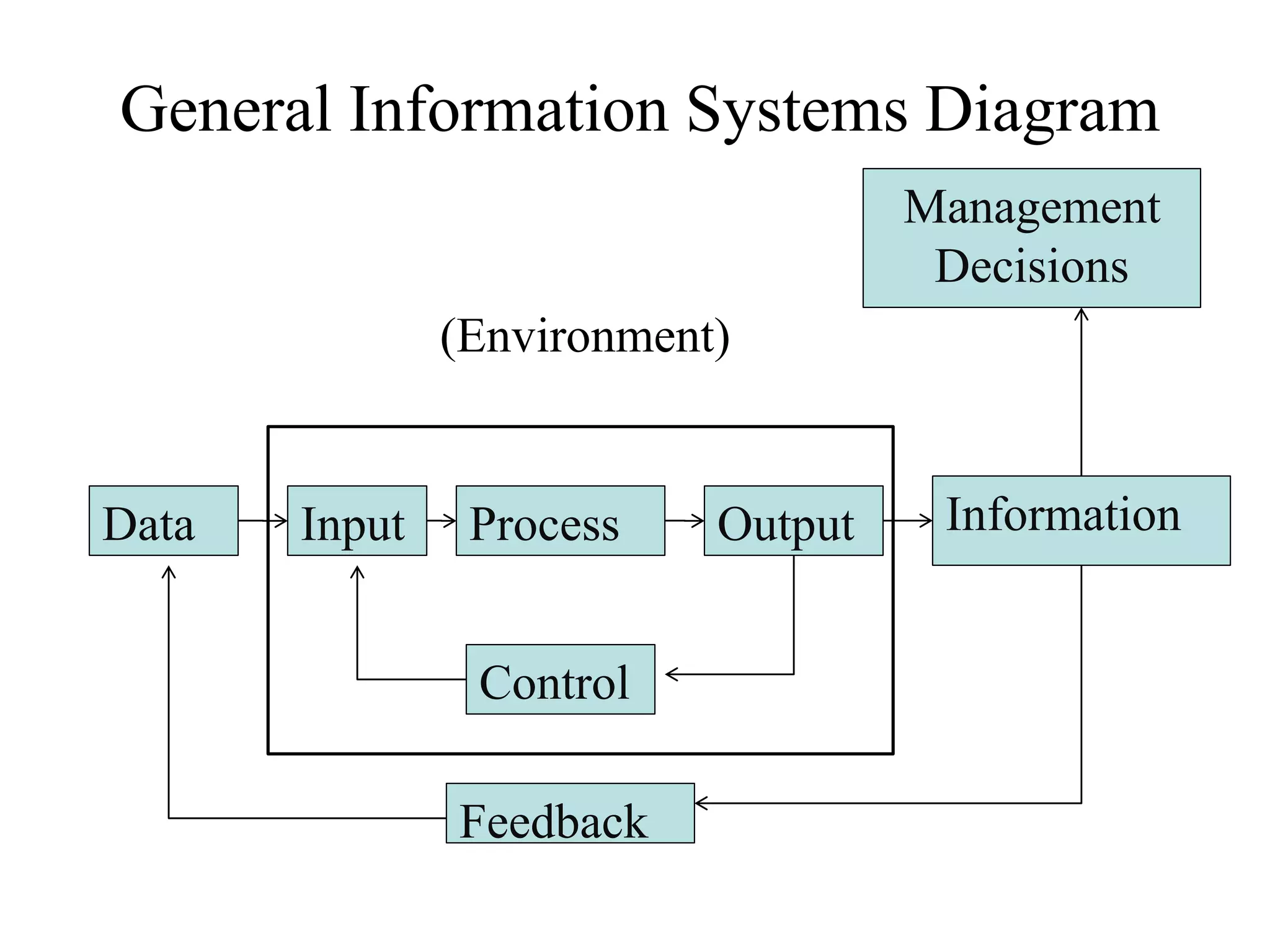 Data Input
Feedback
Control
Information
Management
Decisions
Output
Process
(Environment)
General Information Systems Diagram
 
