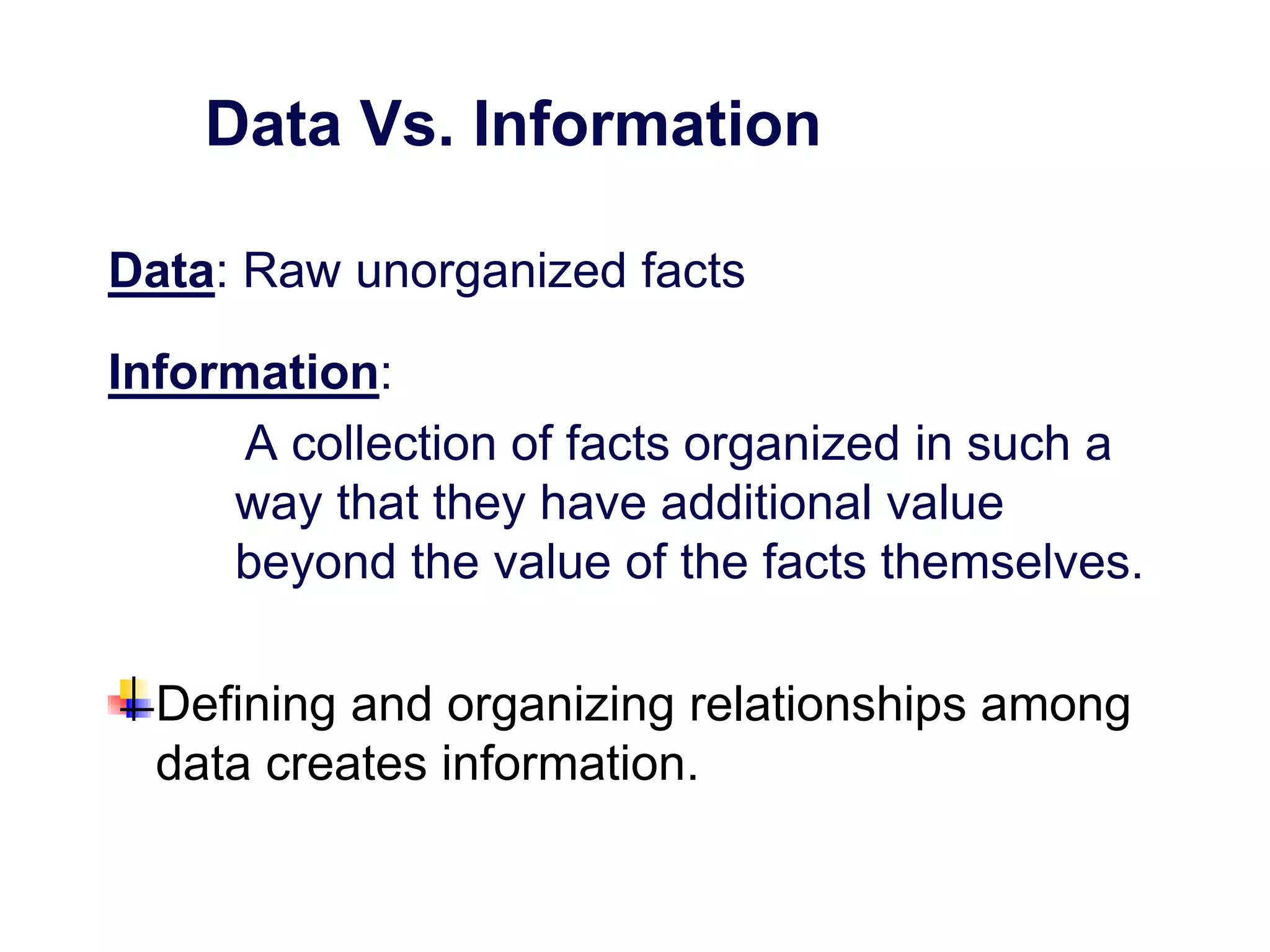 Data Vs. Information
Data: Raw unorganized facts
Information:
A collection of facts organized in such a
way that they have additional value
beyond the value of the facts themselves.
Defining and organizing relationships among
data creates information.
 