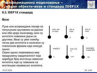 07.07.2025 П8: 5/48
8. Информационо моделовање –
модел објекти-везе и стандард IDEF1X
8.3. IDEF1X стандард
Везе
Пуне или испрекидане линије са
попуњеним круговима на једном
или оба краја означавају како су
ентитети повезани једни са
другима. Везе су увек између
тачно два ентитета и означени су
глаголском фразом која описује
однос.
Сваки однос повезивања има
придружену кардиналност која
одређује број инстанци зависног
ентитета које су повезане са
инстанцом независног ентитета.
 