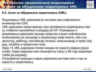15.07.2025 П9: 5/59
9.3. Језик за обједињено моделовање (UML)
Разумевање UML дијаграма је саставни део софтверског
инжењерства (СИ).
UML дијаграми представљају скуп артефаката моделирања који
су глобално прихваћени стандард за СИ. Познавање и
разумевање дијаграма пружају средства и језик софтверским
инжењерима да скицирају и визуелизују своје мисли, као и да
дискутују, дебатују, постављају питања, комуницирају и мере свој
рад, посебно у пројектном тиму.
Oвих 14 UML дијаграма готово никада не користи заједно једна
особа. Сваки дијаграм има специфичну сврху у SE коју моделери
треба да разумеју.
Специфична природа и сврха дијаграма диктира како и где се
користи у моделирању.
9. Објектно оријентисано моделовање
и језик за обједињено моделовање UML
 