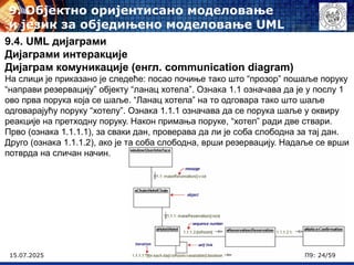 15.07.2025 П9: 24/59
9.4. UML дијаграми
Дијаграми интеракције
Дијаграм комуникације (енгл. communication diagram)
На слици је приказано је следеће: посао почиње тако што “прозор” пошаље поруку
“направи резервацију” објекту “ланац хотела”. Ознака 1.1 означава да је у послу 1
ово прва порука која се шаље. “Ланац хотела” на то одговара тако што шаље
одговарајућу поруку “хотелу”. Ознака 1.1.1 означава да се порука шаље у оквиру
реакције на претходну поруку. Након примања поруке, “хотел” ради две ствари.
Прво (ознака 1.1.1.1), за сваки дан, проверава да ли је соба слободна за тај дан.
Друго (ознака 1.1.1.2), ако је та соба слободна, врши резервацију. Надаље се врши
потврда на сличан начин.
9. Објектно оријентисано моделовање
и језик за обједињено моделовање UML
 