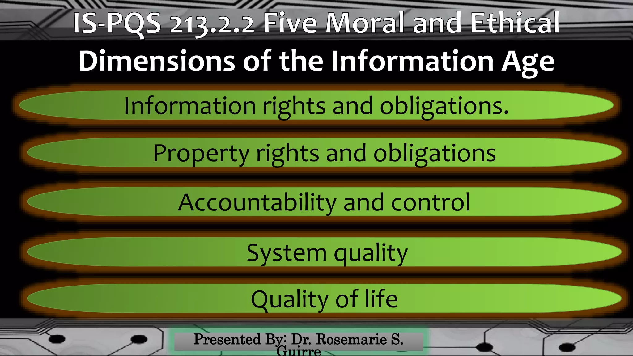 Dimensions of the Information Age
Information rights and obligations.
Property rights and obligations
Accountability and control
System quality
Quality of life
 